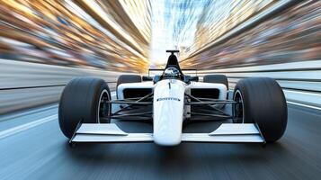 A racing car speeding down a city street photo