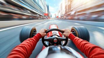 A person driving a race car on a street photo