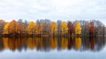 Autumn trees reflected in a lake photo