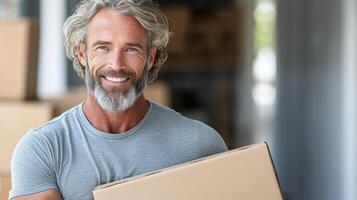 A man with a beard and gray hair is holding a box photo