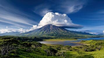 Volcano in the background, with clouds in the sky photo