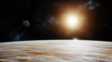 An artist's impression of the sun rising over the surface of a planet photo