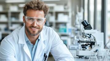 A man in a lab coat is smiling photo