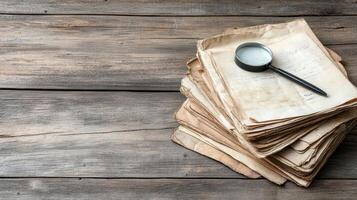 Old books and a magnifying glass on a wooden table photo