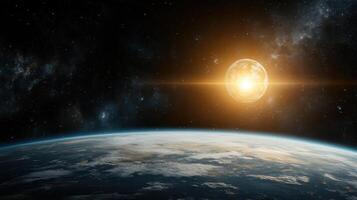 An alien planet with a bright light shining over it photo