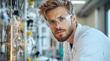 A man in a lab coat and glasses looking at something photo