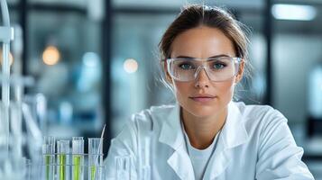 A woman in a lab coat and glasses is looking at the camera photo