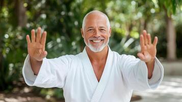 An older man in a kimono is smiling and waving photo