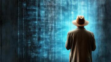 A man in a hat and coat standing in front of a computer screen photo