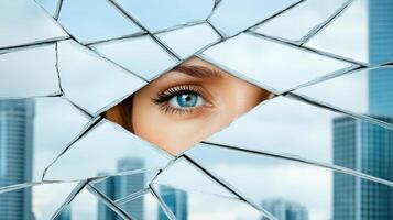 A woman's eye peeking through a cracked window photo