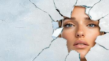 A woman peeking through a crack in a wall photo
