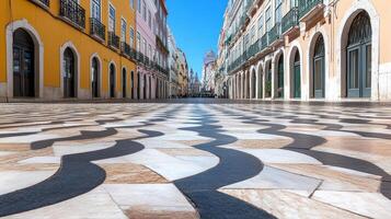 A street with a tiled floor and yellow buildings photo