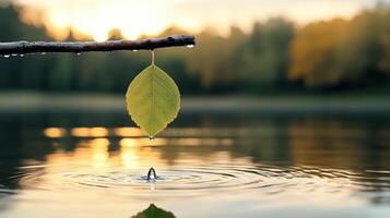 A leaf hanging from a branch in the water photo