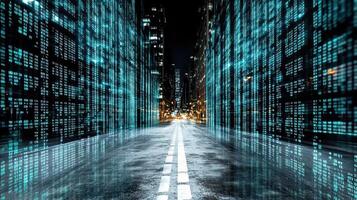 A city street with many data symbols on it photo