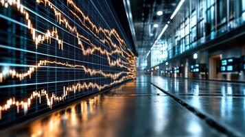 Stock market chart on a screen in a hallway photo