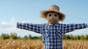A scarecrow in a field with a hat on photo