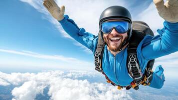 A man in a blue suit and helmet is flying in the air photo