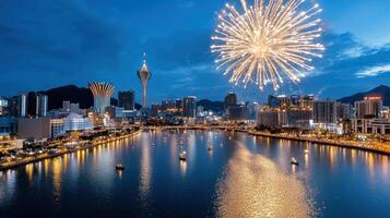 Fireworks over macau city skyline at night photo