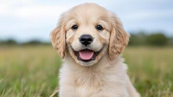 A golden retriever puppy sitting in the grass photo