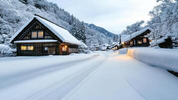 A snowy road in front of a small village photo