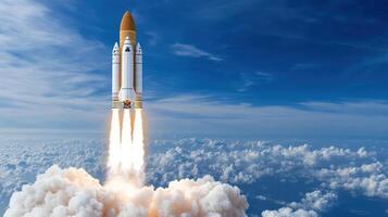 A space rocket is taking off into the sky photo