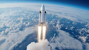 A rocket is taking off from the earth photo