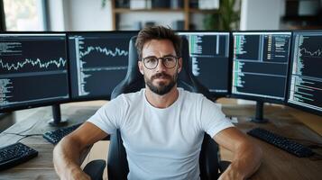 A man in glasses sitting at a desk with multiple computer screens photo
