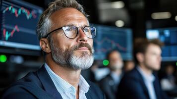 Man in suit and glasses looking at stock market screens photo