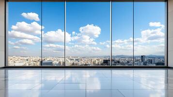 Empty room with windows overlooking city skyline photo
