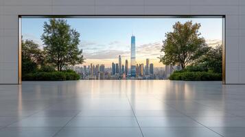 A large open door leads to a cityscape photo