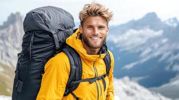 A man with a backpack smiles while standing on a mountain photo