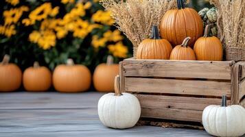 Pumpkins and other fall decorations in a crate photo