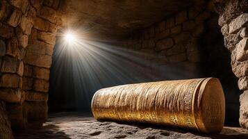 Ancient egyptian gold coin in a cave photo