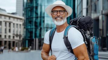 A man with a beard and glasses is walking in the city photo