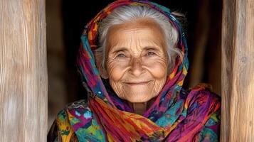 An elderly woman in a colorful scarf photo