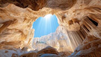 The sun shines through the cave in a cave photo