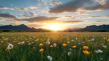 A field of wildflowers at sunset photo