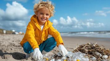 A child in yellow jacket and gloves on the beach with plastic bottles photo
