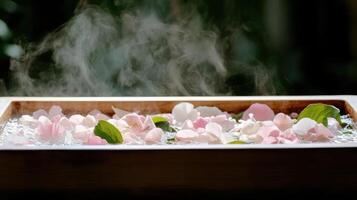 A wooden tray with flowers and steam coming out of it photo