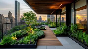 A rooftop garden with plants and a view of the city photo