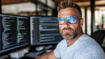 A man wearing glasses sits in front of two computer monitors photo