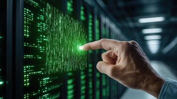 A hand is touching a green screen in a server room photo