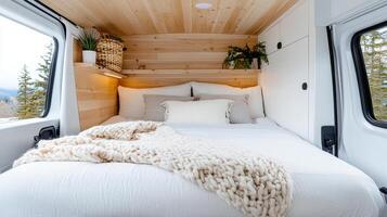A bed in the back of a van with a window photo
