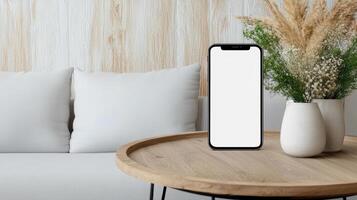 Smartphone mockup on table with pillows and vase photo