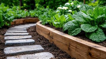 A garden with a wooden raised garden bed and stone steps photo