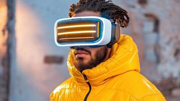 A man wearing a yellow jacket and a vr headset photo