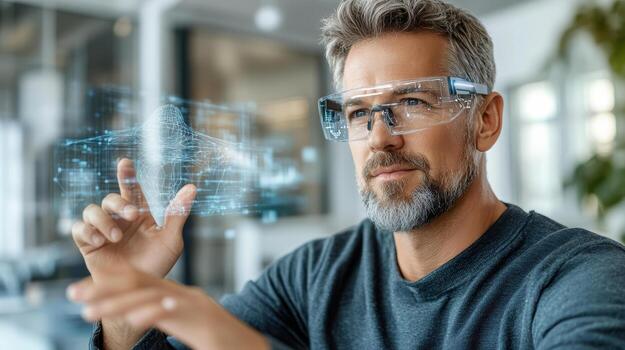 A man wearing glasses and holding a virtual interface photo