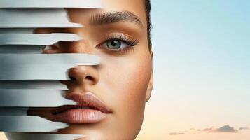 A woman's face is covered by torn paper photo