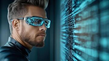 A man wearing glasses and a futuristic suit photo