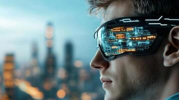 A man wearing futuristic glasses with a city in the background photo